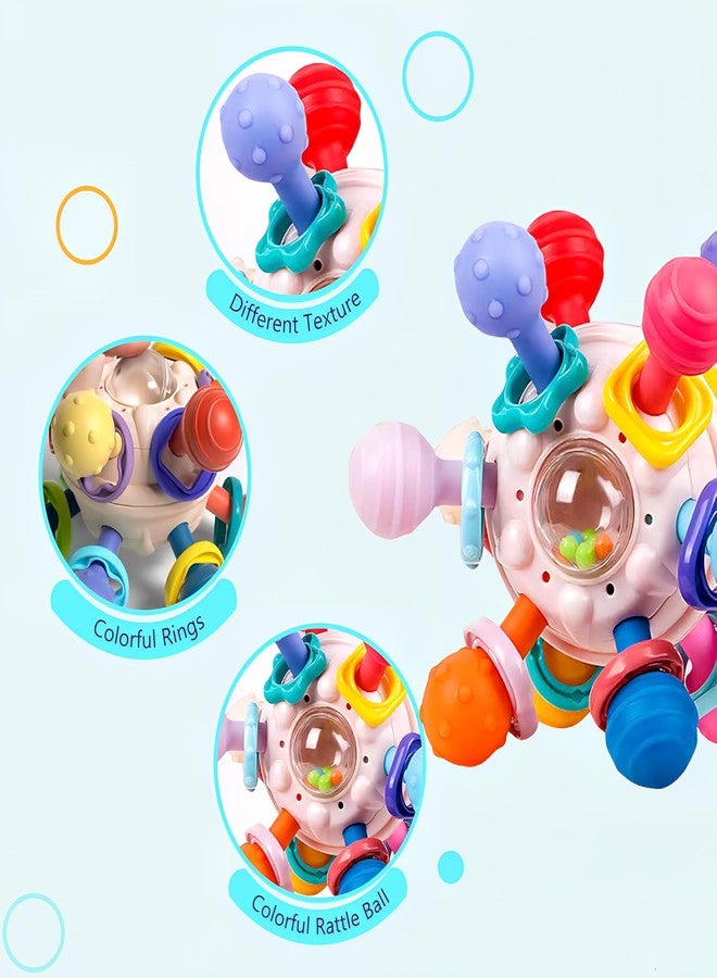 تيك تافاكال لعبة كرة التسنين المصنوعة من السيليكون من TEC TAVAKKAL، لعبة حسية للتسنين خالية من مادة BPA للأطفال من عمر 3 أشهر فما فوق، عضاضة ناعمة قابلة للمضغ مع خشخيشة، لعبة ملونة لتنمية مهارات الإمساك لدى الرضع والأطفال الصغار (لون وردي) - Image 3