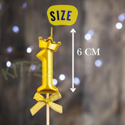 KITTER 1 Pc 1 Number Candle for Birthday Cake, Metallic Gold No. 1st Birthday Cake Decoration Number One Candle with Crown on Top Cake Topper Number Candles for Anniversary (Pack of 1) - Image 2