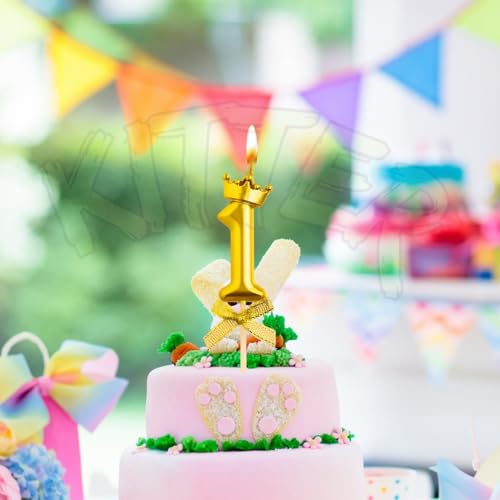 KITTER 1 Pc 1 Number Candle for Birthday Cake, Metallic Gold No. 1st Birthday Cake Decoration Number One Candle with Crown on Top Cake Topper Number Candles for Anniversary (Pack of 1) - Image 4
