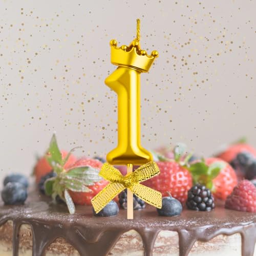 KITTER 1 Pc 1 Number Candle for Birthday Cake, Metallic Gold No. 1st Birthday Cake Decoration Number One Candle with Crown on Top Cake Topper Number Candles for Anniversary (Pack of 1) - Image 1
