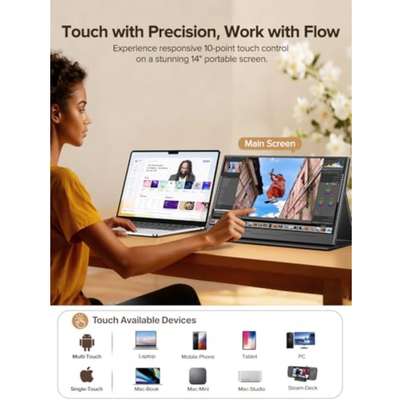 14 Portable Monitor Touchscreen 1080P FHD IPS Display with 125 sRGB 10-Point Touch Built-in Speakers Ultra-Thin Design VESA Mount Compatible Smart Cover Included For Laptop Phone Game Console Travel Home Office Use - Image 2