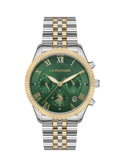 يو اس بولو اسن U.S. Polo Assn. Crossing 38mm Ladies' Watch with Green Dial, Gold Etched Bezel & Two-Tone Bracelet - USPA2040-08, A Perfect Blend of Style and Functionality