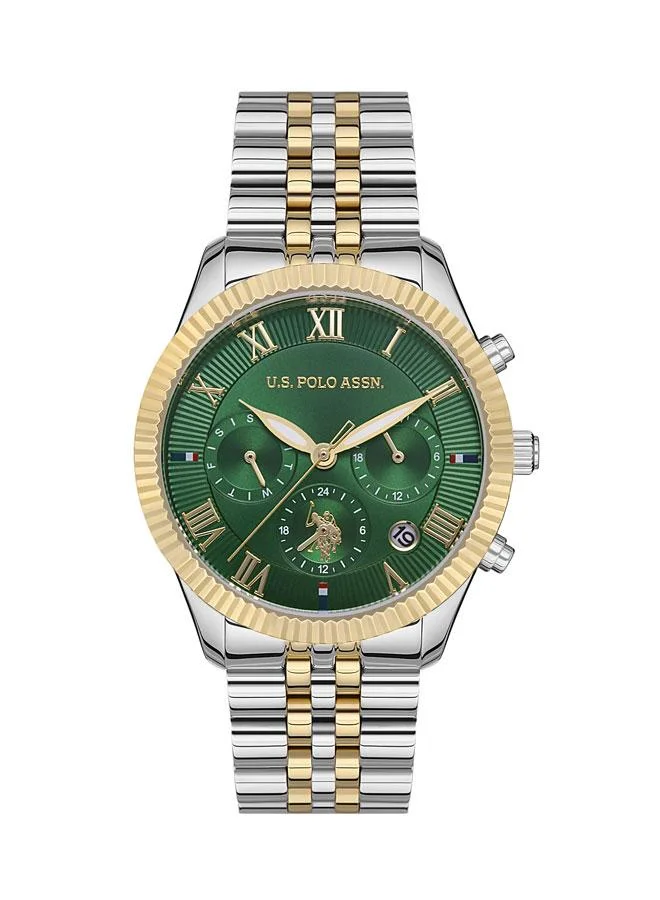 يو اس بولو اسن U.S. Polo Assn. Crossing 38mm Ladies' Watch with Green Dial, Gold Etched Bezel & Two-Tone Bracelet - USPA2040-08, A Perfect Blend of Style and Functionality