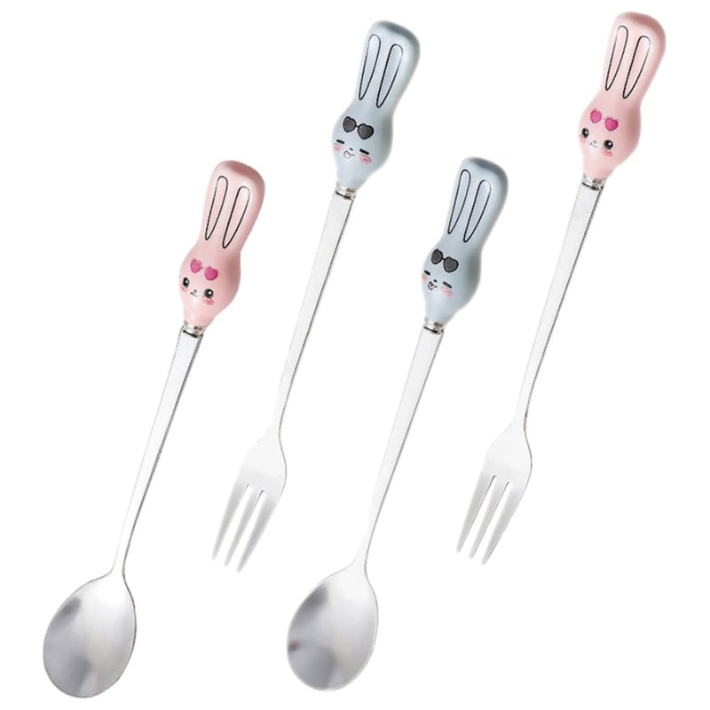 Stainless Steel Fork Spoon Set 4Pcs Cartoon Pattern Dessert Utensils For Home Restaurant - Image 2