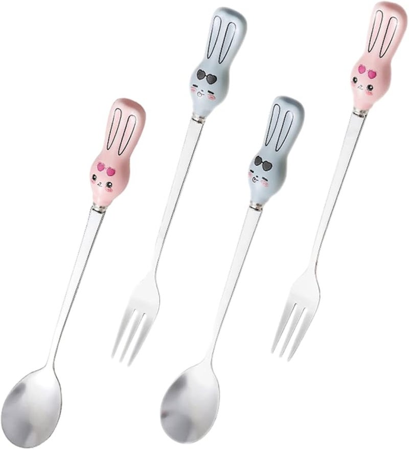 Stainless Steel Fork Spoon Set 4Pcs Cartoon Pattern Dessert Utensils For Home Restaurant - Image 1