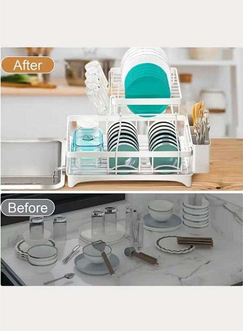Cool Baby COOLBABY Dish Drying Rack 2 Tier Dish Rack And Drainboard Set Large Capacity Dish Drainer Organizer Shelf With Utensil Holder Cup Rack For Kitchen Counter White - Image 2