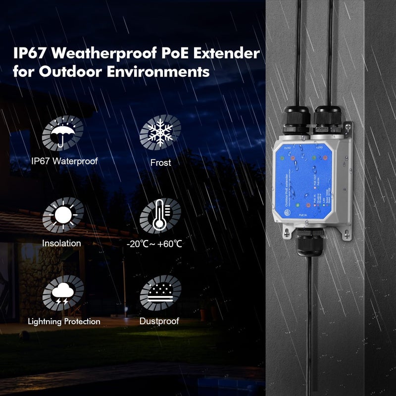 Binardat IP67 Outdoor Gigabit PoE Passthrough Switch, 1 PoE In 2 Out Extender, IEEE802.3af/at/bt Powered 90W, 10/100/1000Mbps Ethernet, Metal Wall Mounting, Waterproof, Plug and Play - Image 4