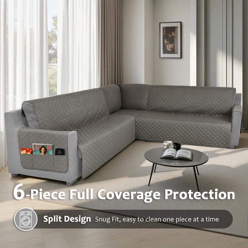 ROFASVCO Waterproof Sectional Couch Covers L Shape Sectional Sofa Covers for Pets Washable Non-Slip 6PCS U Shaped Sofa Slipcovers Dog Couch Cover Corner Furniture Protector (XX-Large, Gray) - Image 2