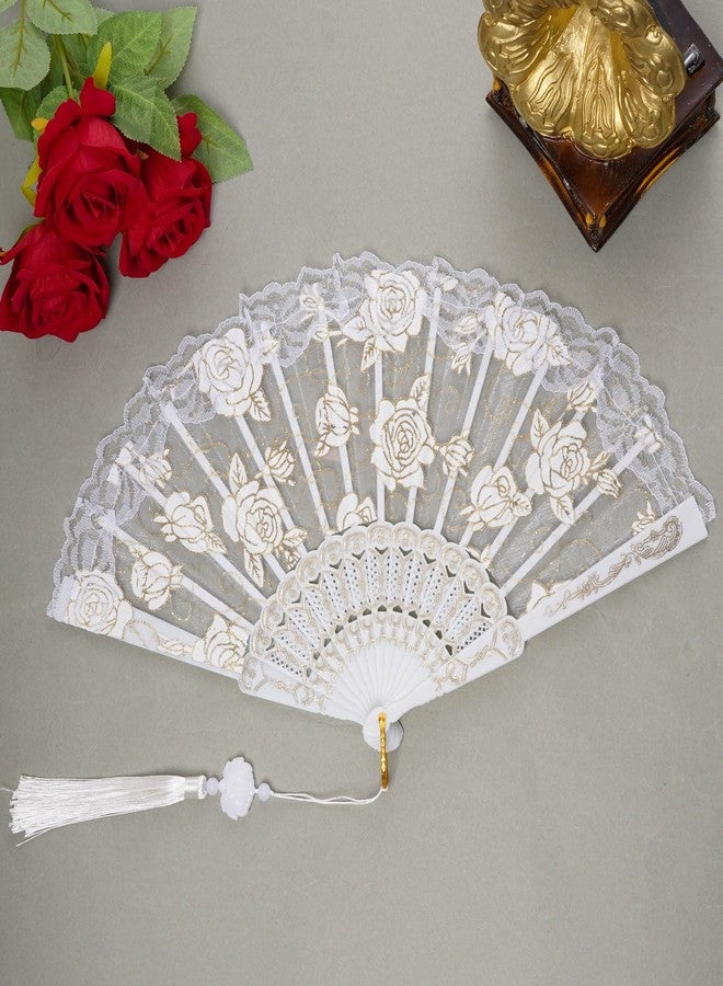 Jmkcoz Lace Handheld Folding Fan Embroidered Flower Decorative Folding Fans Chinese Japanese Hand Fan for 1920s Costume Wedding Bridal Dancing Tea Party, White - Image 4