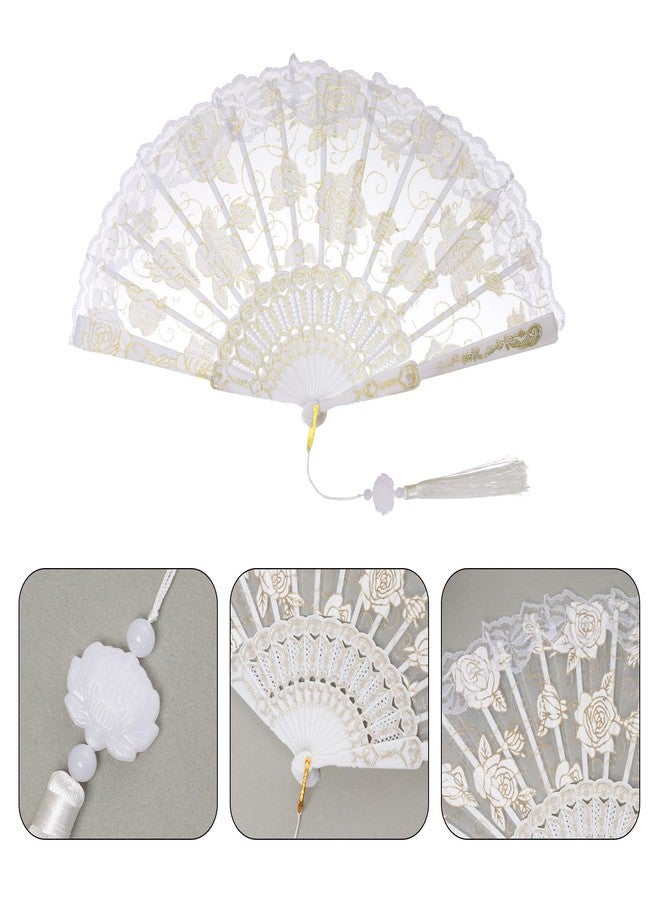 Jmkcoz Lace Handheld Folding Fan Embroidered Flower Decorative Folding Fans Chinese Japanese Hand Fan for 1920s Costume Wedding Bridal Dancing Tea Party, White - Image 3