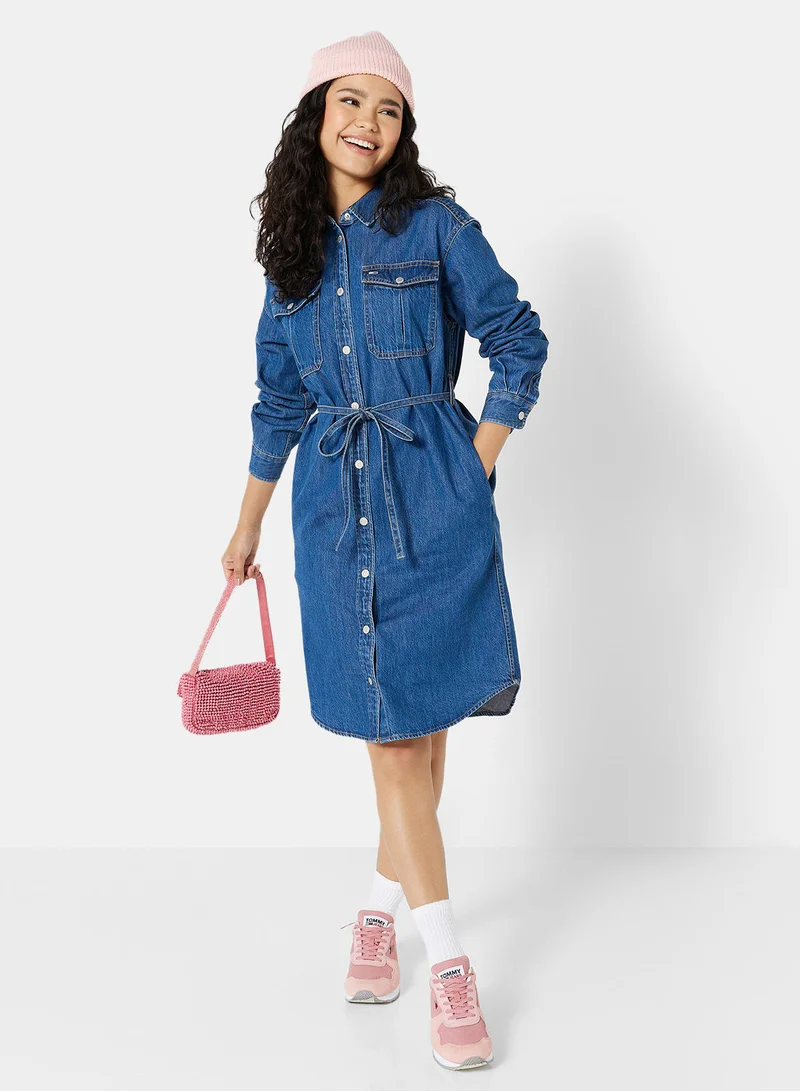 TOMMY JEANS Belted Denim Knee Length Dress