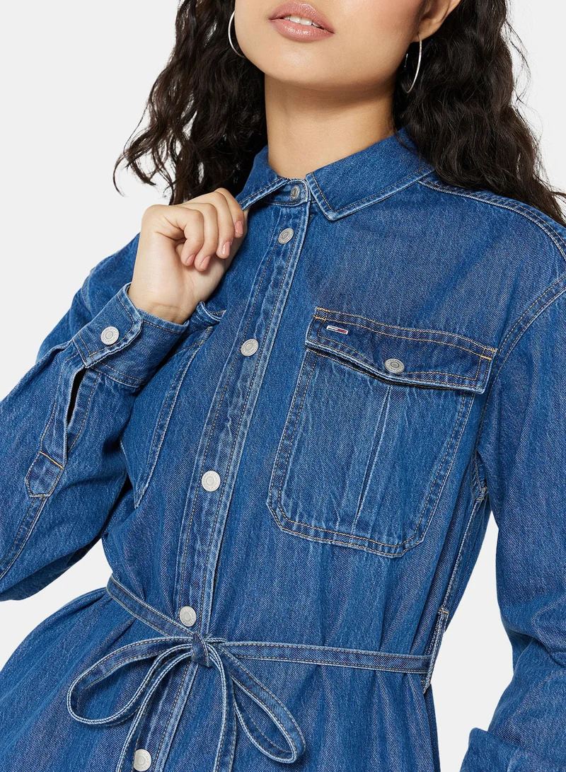 TOMMY JEANS Belted Denim Knee Length Dress