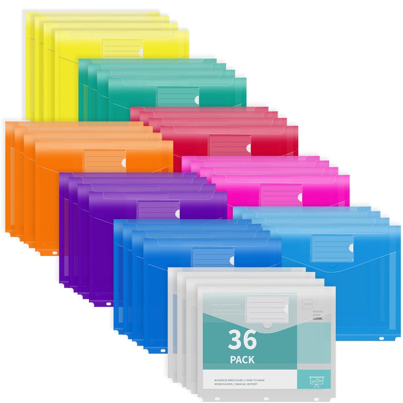 Binditek 36 Pack Binder Pocket Folders with 3 Holes, High Capacity Pocket Folders with Hook and Loop Closure, 9 Assorted Colors, Expandable, Side Loading, Label Pocket, for 3-Ring Binder Organizer - Image 1