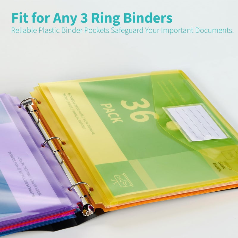 Binditek 36 Pack Binder Pocket Folders with 3 Holes, High Capacity Pocket Folders with Hook and Loop Closure, 9 Assorted Colors, Expandable, Side Loading, Label Pocket, for 3-Ring Binder Organizer - Image 5