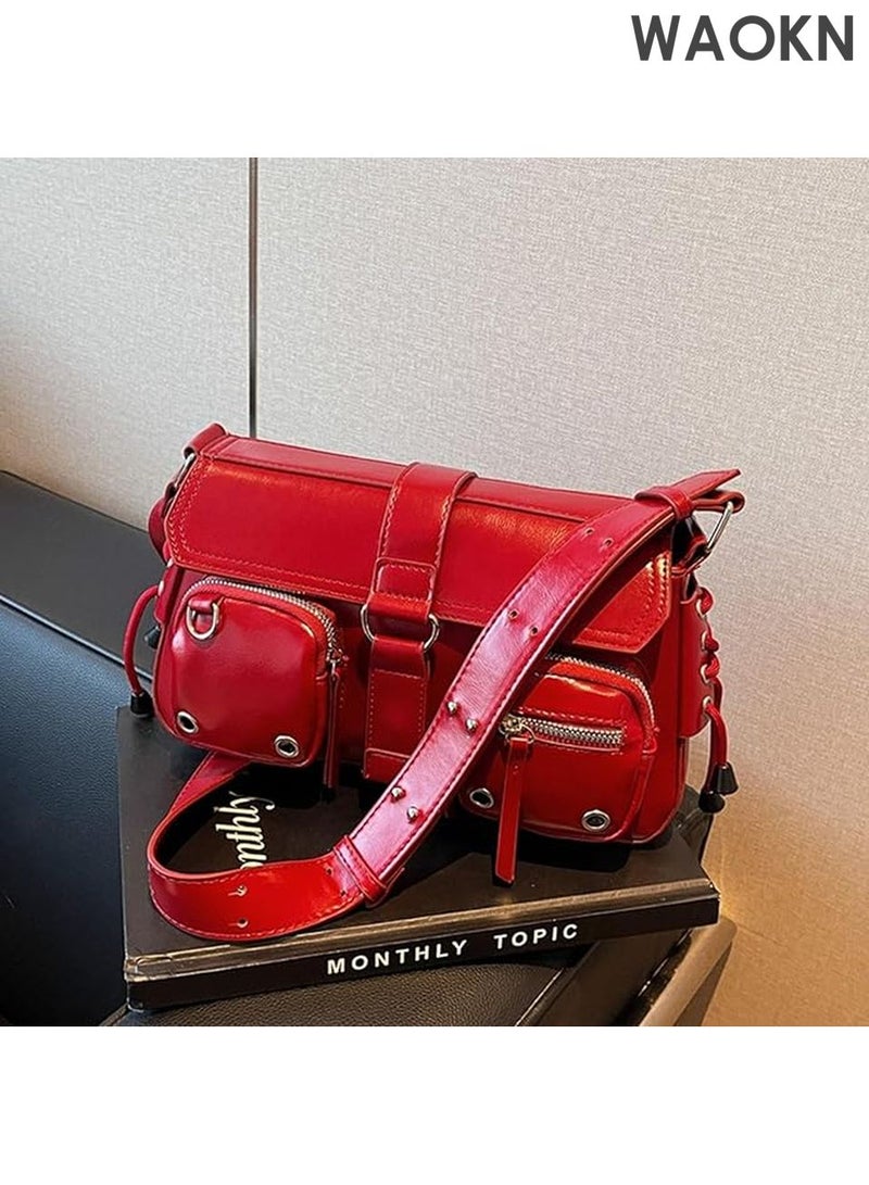 دبليو أيه أو كي أن حقيبة كتف نسائية من جلد البولي يوريثان - حقيبة كروس بودي أنيقة بتصميم عصري مستوحى من ثقافة الألفية الجديدة، وجيوب متعددة | حقيبة يد هوبو صغيرة بتفاصيل سلسلة معدنية عتيقة، حقيبة كلاتش أنيقة بتصميم غوطي للحفلات الموسيقية والسهرات والاستخدام اليومي (أحمر) - Image 3