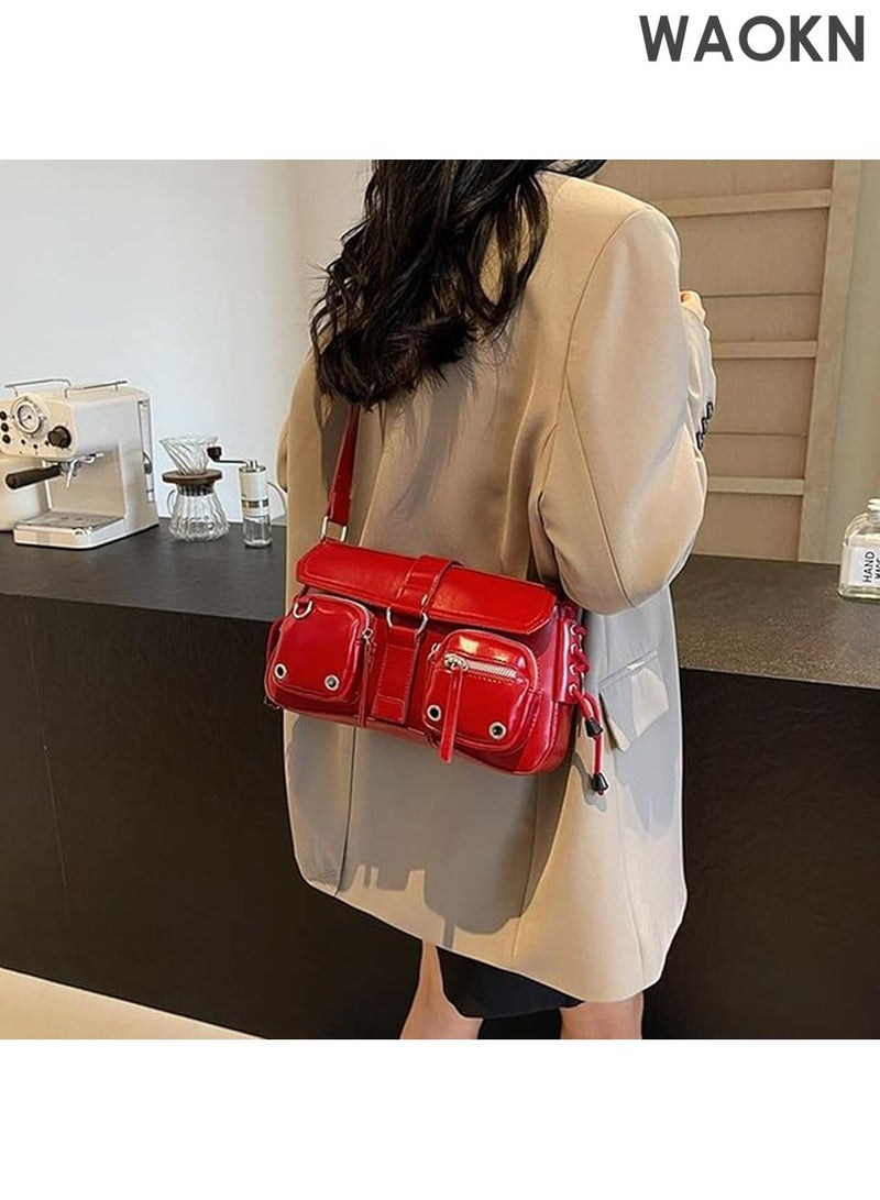 دبليو أيه أو كي أن حقيبة كتف نسائية من جلد البولي يوريثان - حقيبة كروس بودي أنيقة بتصميم عصري مستوحى من ثقافة الألفية الجديدة، وجيوب متعددة | حقيبة يد هوبو صغيرة بتفاصيل سلسلة معدنية عتيقة، حقيبة كلاتش أنيقة بتصميم غوطي للحفلات الموسيقية والسهرات والاستخدام اليومي (أحمر) - Image 4