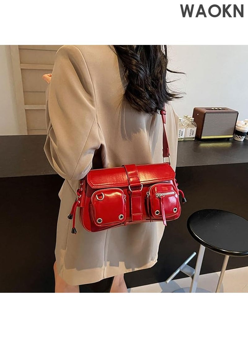 دبليو أيه أو كي أن حقيبة كتف نسائية من جلد البولي يوريثان - حقيبة كروس بودي أنيقة بتصميم عصري مستوحى من ثقافة الألفية الجديدة، وجيوب متعددة | حقيبة يد هوبو صغيرة بتفاصيل سلسلة معدنية عتيقة، حقيبة كلاتش أنيقة بتصميم غوطي للحفلات الموسيقية والسهرات والاستخدام اليومي (أحمر) - Image 2