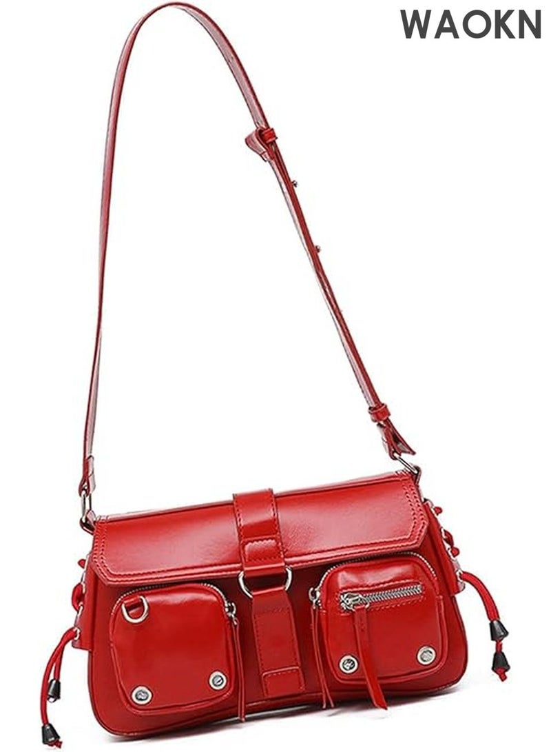 دبليو أيه أو كي أن حقيبة كتف نسائية من جلد البولي يوريثان - حقيبة كروس بودي أنيقة بتصميم عصري مستوحى من ثقافة الألفية الجديدة، وجيوب متعددة | حقيبة يد هوبو صغيرة بتفاصيل سلسلة معدنية عتيقة، حقيبة كلاتش أنيقة بتصميم غوطي للحفلات الموسيقية والسهرات والاستخدام اليومي (أحمر) - Image 1