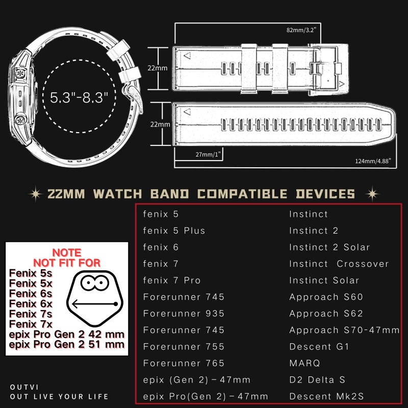 OUTVI 22 quick fit watch band compatible with garmin fenix 5 6 7 pro Solar Epix Pro Gen 2 47mm only Forerunner 935 745 965 955 Sturdy silicone 22mm sport watch bands replacement men RED BLACK - Image 4