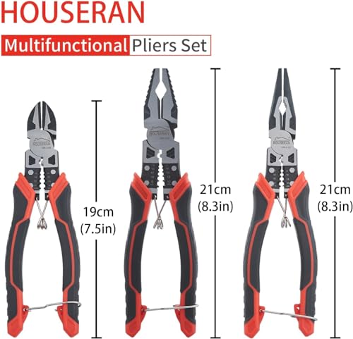 HOUSERAN Pliers Set HOUSERAN 3Piece Plier Tool Set Including 83 Needle Nose Plierss 83 Linemans pliers 75 Diagonal Cutters Spring Loaded with Safety Lock Combination Plieres set - Image 3