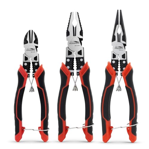HOUSERAN Pliers Set HOUSERAN 3Piece Plier Tool Set Including 83 Needle Nose Plierss 83 Linemans pliers 75 Diagonal Cutters Spring Loaded with Safety Lock Combination Plieres set - Image 1