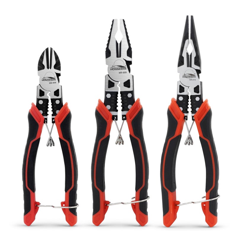 HOUSERAN Pliers Set HOUSERAN 3Piece Plier Tool Set Including 83 Needle Nose Plierss 83 Linemans pliers 75 Diagonal Cutters Spring Loaded with Safety Lock Combination Plieres set - Image 2