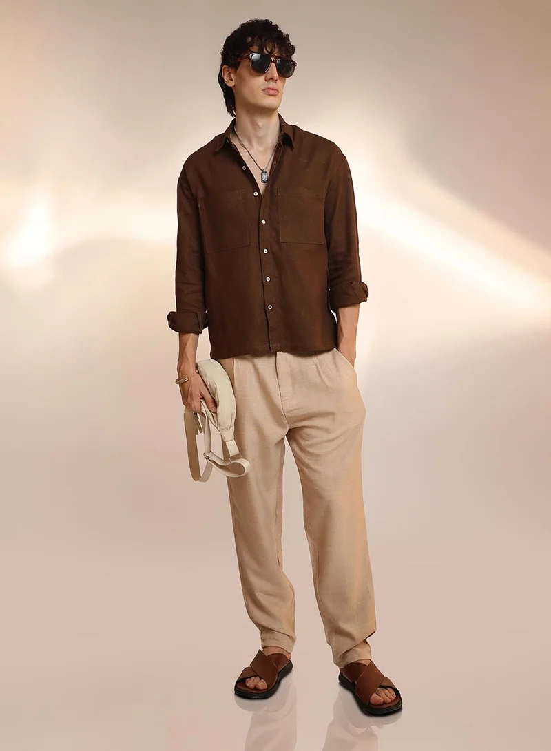 كامبوس سوترا Men's Chocolate Brown Solid Canvas Utility Shirt