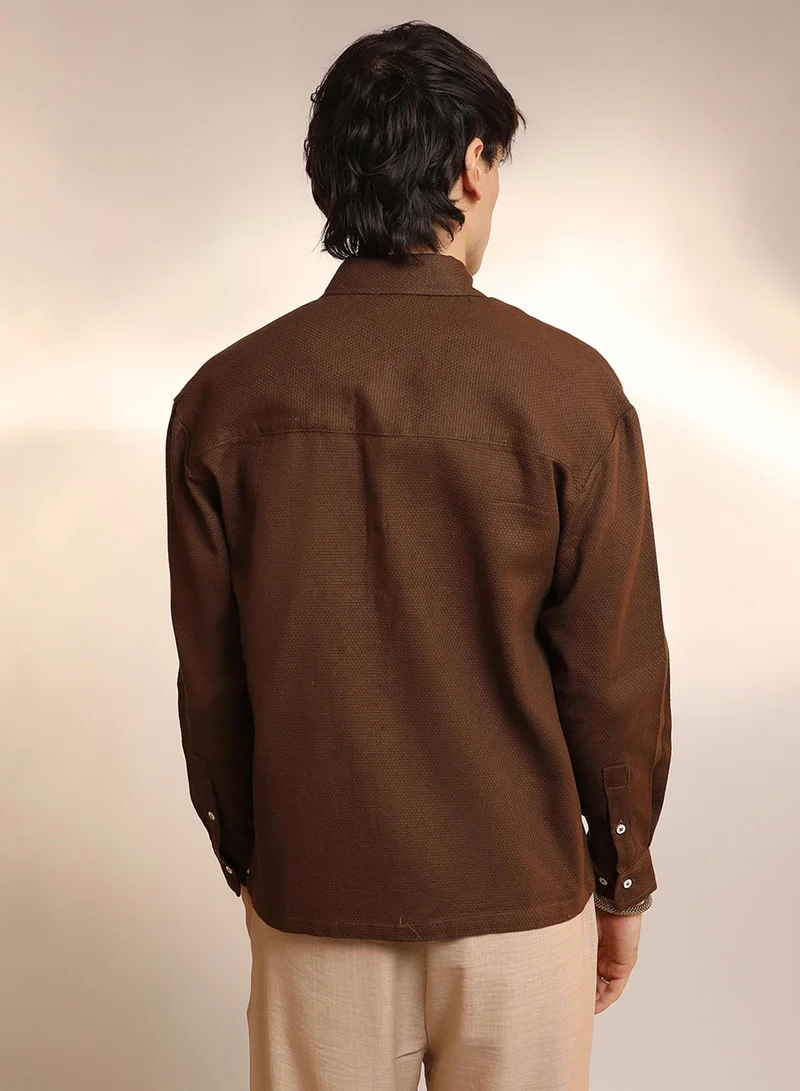 كامبوس سوترا Men's Chocolate Brown Solid Canvas Utility Shirt