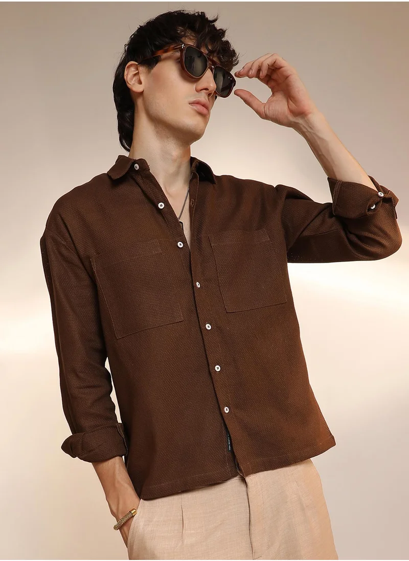 كامبوس سوترا Men's Chocolate Brown Solid Canvas Utility Shirt