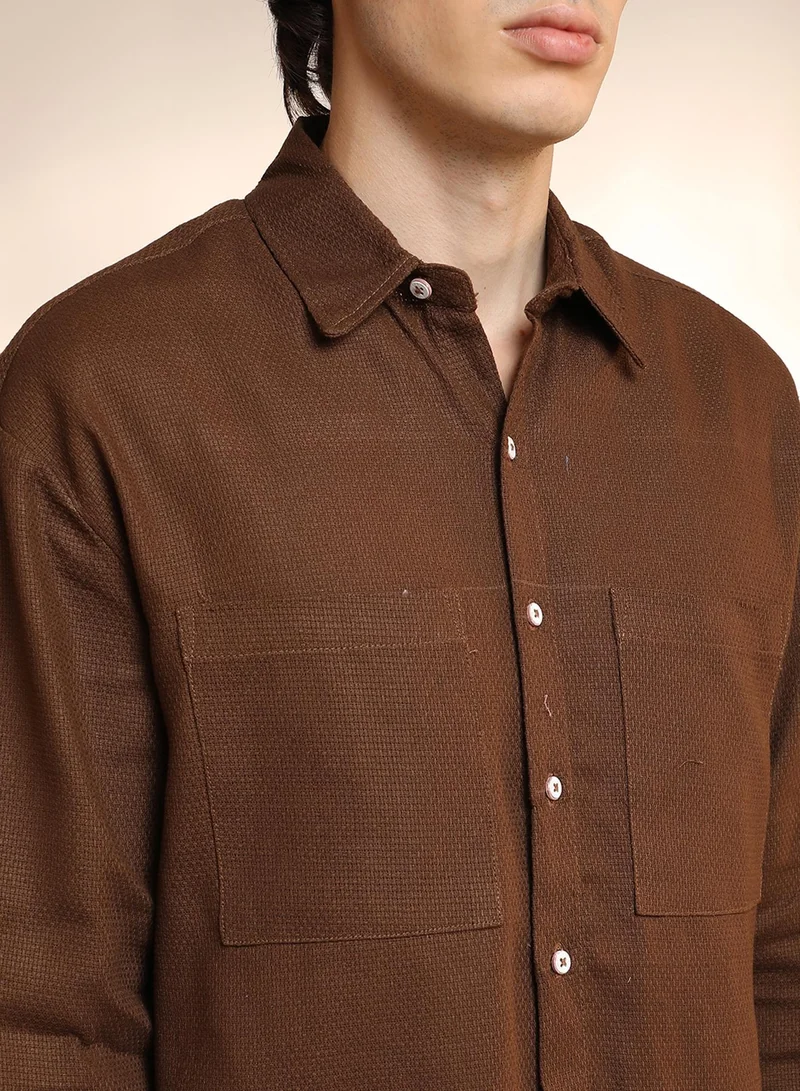 كامبوس سوترا Men's Chocolate Brown Solid Canvas Utility Shirt