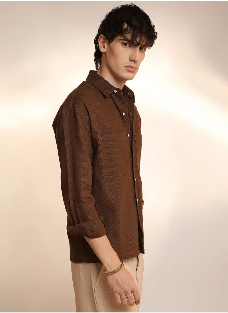 كامبوس سوترا Men's Chocolate Brown Solid Canvas Utility Shirt
