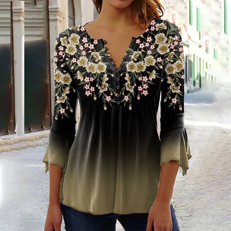 Sleeve Ruili T-Shirt Fashion Collar Three-Quarter V Floral Print Summer New Style - Image 1