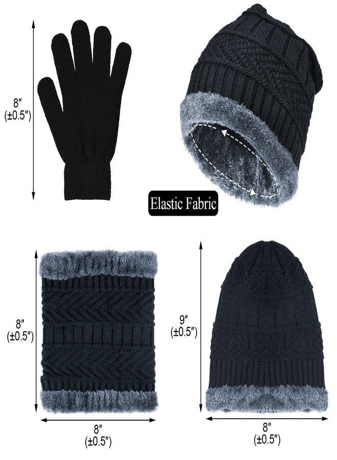 EAONE 3Pcs Winter Knit Beanie Hat and Neck Scarf Set with Gloves, Thick Warm Fleece Lining Knitted Cap Neck Warmer Gaiter for Men Women, Black, Hat+scarf+gloves (Black), 24*22*2.5cm - Image 2