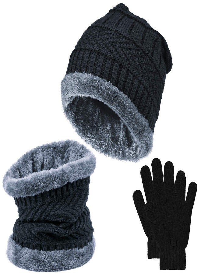 EAONE 3Pcs Winter Knit Beanie Hat and Neck Scarf Set with Gloves, Thick Warm Fleece Lining Knitted Cap Neck Warmer Gaiter for Men Women, Black, Hat+scarf+gloves (Black), 24*22*2.5cm - Image 1