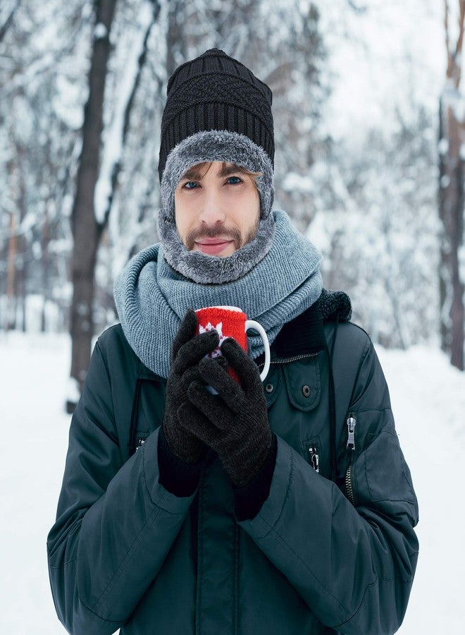 EAONE 3Pcs Winter Knit Beanie Hat and Neck Scarf Set with Gloves, Thick Warm Fleece Lining Knitted Cap Neck Warmer Gaiter for Men Women, Black, Hat+scarf+gloves (Black), 24*22*2.5cm - Image 5