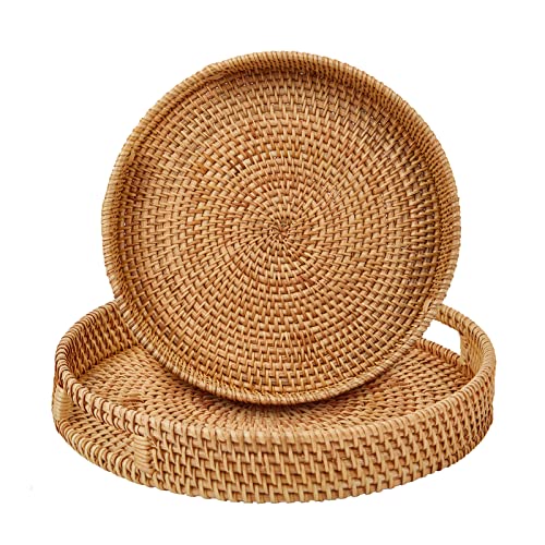 Whalehub Round Rattan Serving Tray with Handles,2 Hand Woven Basket, Home Decor Organizer Tray for Breakfast, Tea, Snack, Fruit, Coffee, Storage (Large + Medium)(14.17inchX2.3inch+11.9inchX1.7inch - Image 1