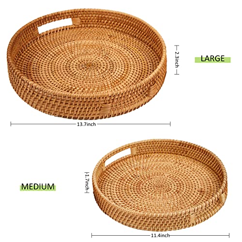 Whalehub Round Rattan Serving Tray with Handles,2 Hand Woven Basket, Home Decor Organizer Tray for Breakfast, Tea, Snack, Fruit, Coffee, Storage (Large + Medium)(14.17inchX2.3inch+11.9inchX1.7inch - Image 2
