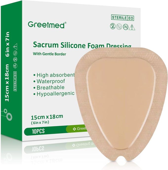 Greetmed Sacrum Foam Dressing with Border Silicone Adhesive 6x7 Waterproof Sacral Wound Dressing High Absorbent Pads Breathable Bed Sore Pressure Wound Care Bandages 10 Packs - Image 4