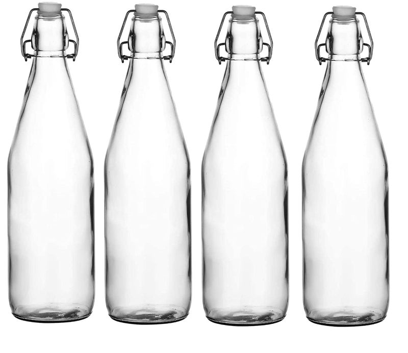 RAVIZAA RAVIZAA Refrigerator Safe Air Tight Flip Cap Transparent Glass Water Bottle Lid White and Red 1000ml_Set of 4  - Image 1