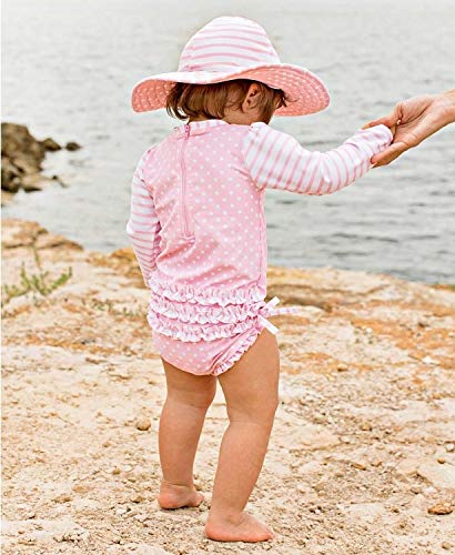 RuffleButts® Baby/Toddler Girls Pink Polka Dot and Pink Stripe Reversible Swim Hat - 12m-2T - Image 3