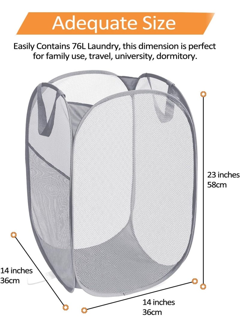 2 Pack Durable Collapsible Laundry Baskets - Reinforced Mesh Pop Up Laundry Hamper with Pocket, Foldable Dirty Clothes Hamper with Carry Handles for Laundry, Bathroom, Kids Room, Dorm or Travel Grey - Image 2