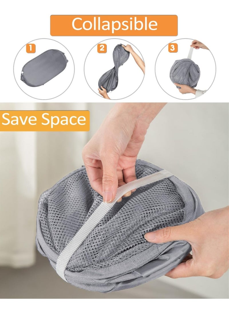 2 Pack Durable Collapsible Laundry Baskets - Reinforced Mesh Pop Up Laundry Hamper with Pocket, Foldable Dirty Clothes Hamper with Carry Handles for Laundry, Bathroom, Kids Room, Dorm or Travel Grey - Image 3