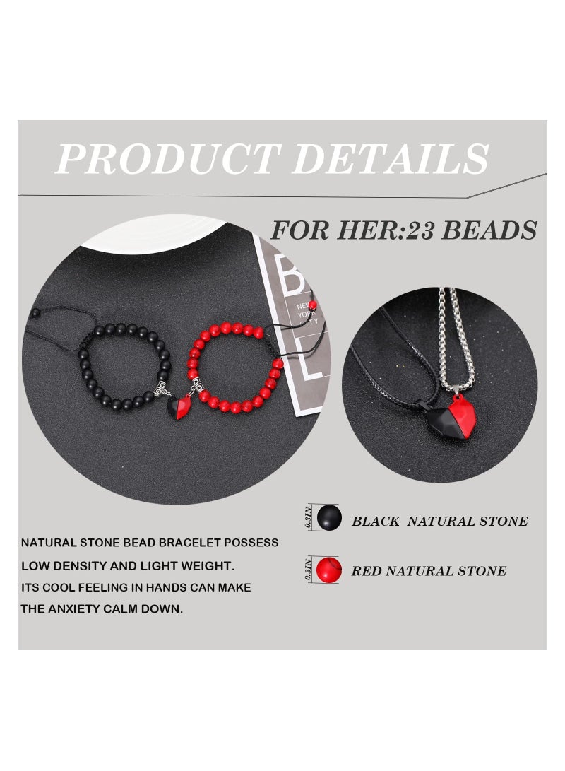 KASTWAVE 4 Pcs Couples Bracelets Necklace Set for Women Men Matching Bracelets Necklace Couples Magnetic Heart Necklace Bead Bracelet for Valentine's Day Natural Stone Bead Couple Jewelry - Image 2