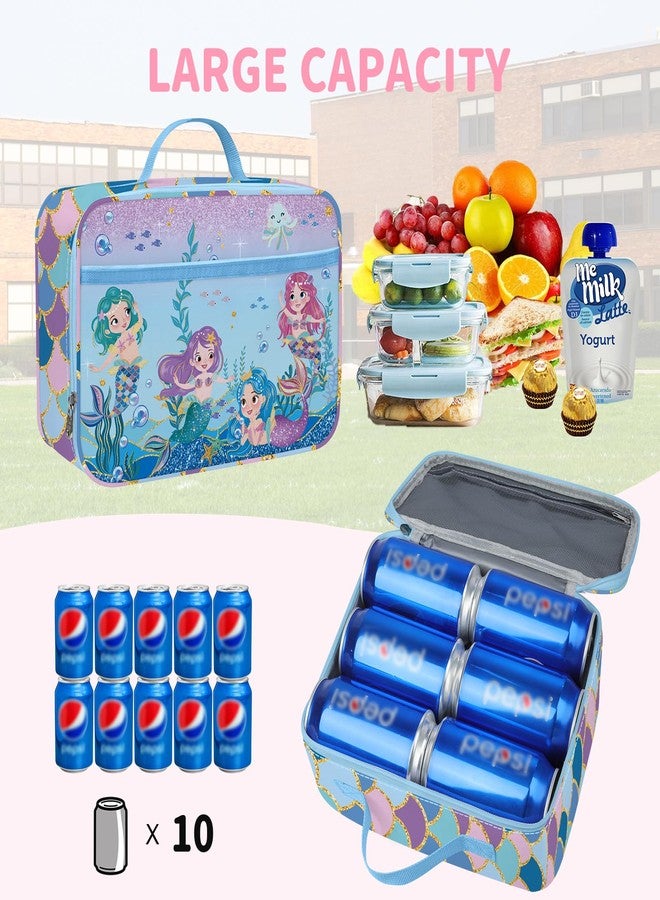 Clastyle Clastye Mermaid Princess Lunch Box for Girls Blue Sea Insulated Lunch Bag for Kids Large Portable School Lunch Cooler Bag Outdoor Picnic, Lightweight Easy to Clean - Image 3