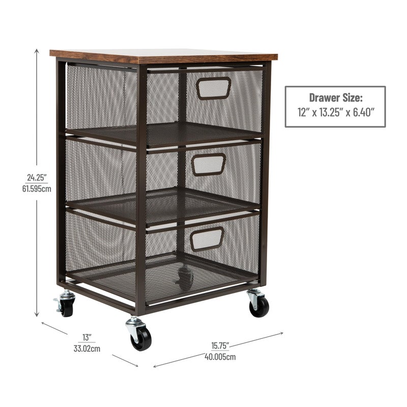 Mind Reader 3-Drawer Storage Organizer, Office Organizer with Wood Top, Multipurpose Portable Cabinet with Removable Wheels, Metal Mesh, Black - Image 3