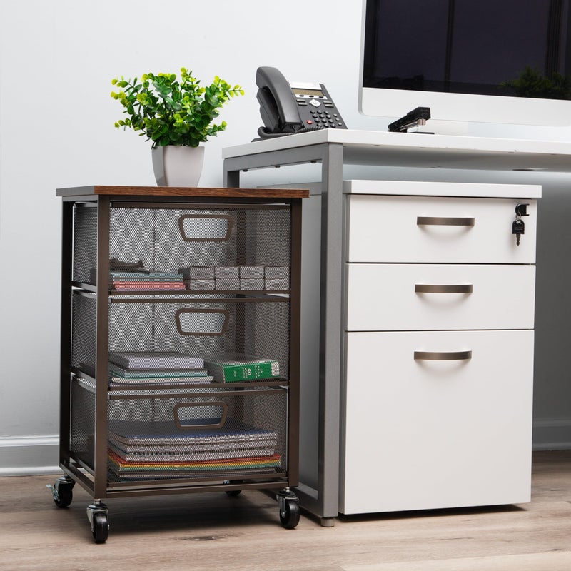 Mind Reader 3-Drawer Storage Organizer, Office Organizer with Wood Top, Multipurpose Portable Cabinet with Removable Wheels, Metal Mesh, Black - Image 2