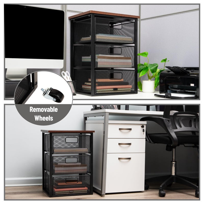 Mind Reader 3-Drawer Storage Organizer, Office Organizer with Wood Top, Multipurpose Portable Cabinet with Removable Wheels, Metal Mesh, Black - Image 5