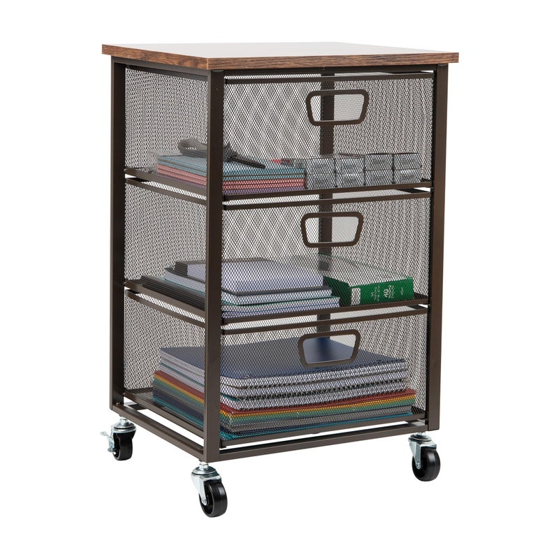 Mind Reader 3-Drawer Storage Organizer, Office Organizer with Wood Top, Multipurpose Portable Cabinet with Removable Wheels, Metal Mesh, Black - Image 1