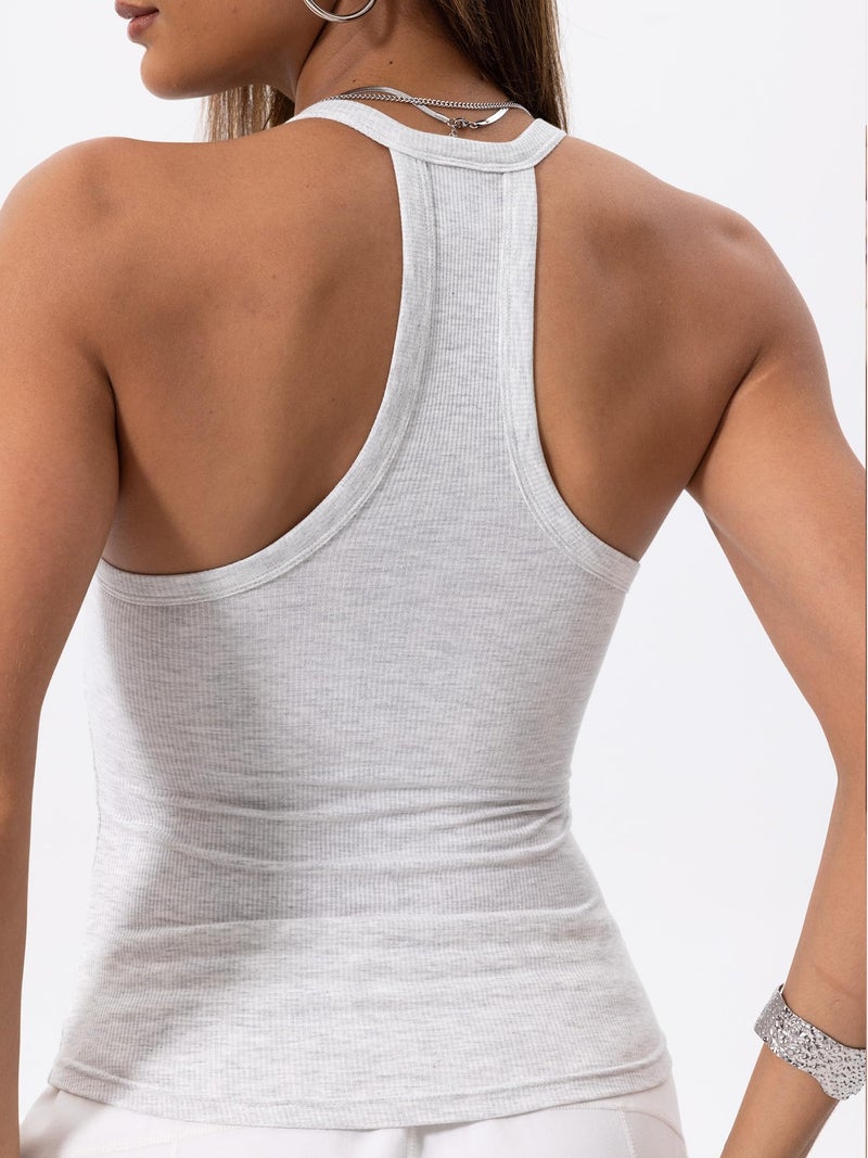 Danysu V Neck Racerback Tank Top for Women with Built in Bra Ribbed Long Tank Fitted Basic Cami Tops Heather White S - Image 2