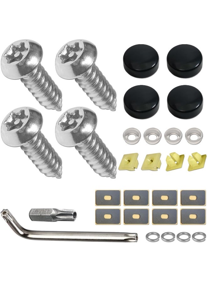 Aootf Stainless Steel License Plate Screws - 30PC Star Anti Theft Screw Torx Head Security Tamper Resistant Self Tapping License Plate Bolt License Plate Frame Fastener, Black Caps, Anti-Rattle Pad - Image 1